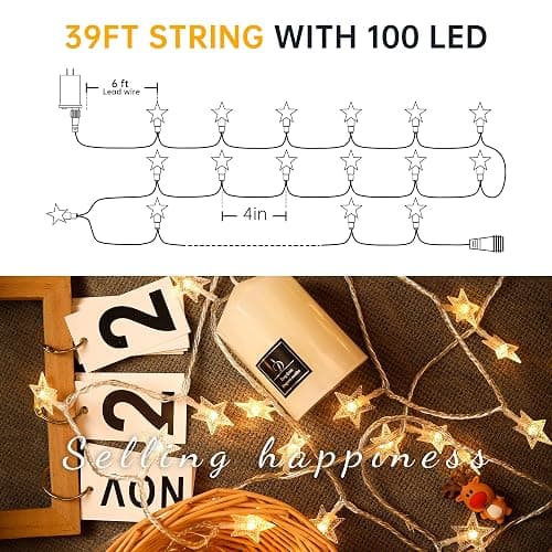 HEYFUNi Warm White Star String Lights,39FT 100LED Plug in Fairy Twinkle Lights with 8 Modes Waterproof for Indoor Outdoor Christmas Tree,Home,Girls’ Room,Garden,Party,Wedding Decor(Warm White) thumbnail 6