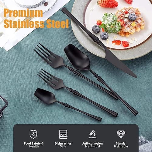 Lemeya 20-Piece Matte Black Silverware Set for 4,Modern 18/10 Stainless Steel Flatware Set,Unique Rustic Cutlery Utensils Set,Spoon and Fork Set for Home, Restaurant,Mirror Polished,Dishwasher Safe - Matte Black 20 Pieces Set with Tea Spoon thumbnail 4