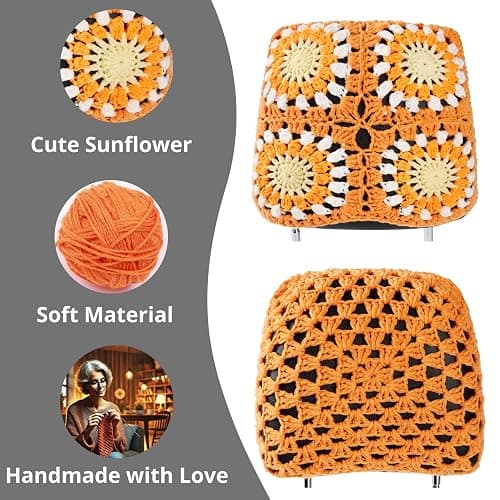 CSWCS 2PCS Crochet Seat Headrest Cover,Car Head Rest Protector,Cute Sunflower Car Accessories for Women, Universal Seat Cover Boho Car Decor Fit Sedans,SUVs,Trucks (62Orange-Sunflower) thumbnail 3