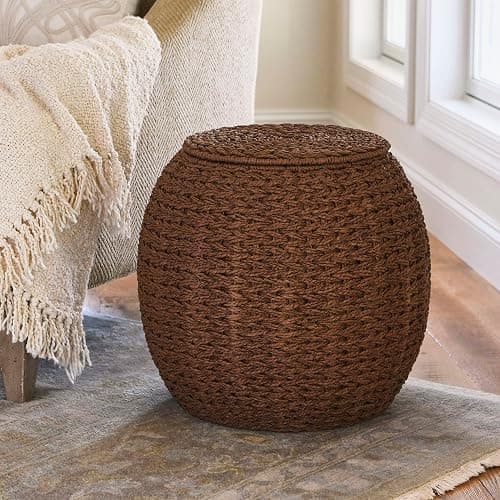 Household Essentials Handwoven Paper Rope Barrel Wicker Storage Basket Side Table, Brown - Brown Paper Rope - Paper Rope thumbnail 2