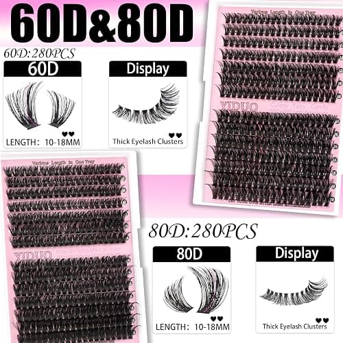 YIDUO 4 Styles Lash Clusters Kit 60D+80D+100D+150D Volume Clusters Lashes Extensions Kit with 2 X Bond and Seal 10-18mm Wispy D Curvature Full Individual Eyelash Extensions Kit DIY at Home Easily thumbnail 5