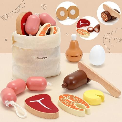 PairPear Wooden Toys Play Food Sets for Kids Kitchen, Kids Toy Food Cutting Meat Set for Toddlers 3+ Years Old, Pretend Food Play Kitchen Accessories for Girls and Boys thumbnail 5
