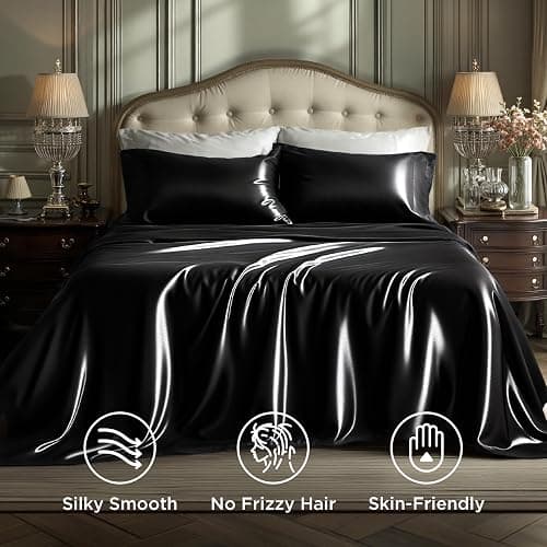 Bedsure Black Satin Sheets Queen Size - 4 Piece Silky Bedsheets with 15 Inches Deep Pocket Fitted Bedsheet,1 Flat Sheet, 2 Satin Pillowcases, Good for Hair & Skin (Queen, Black) thumbnail 2