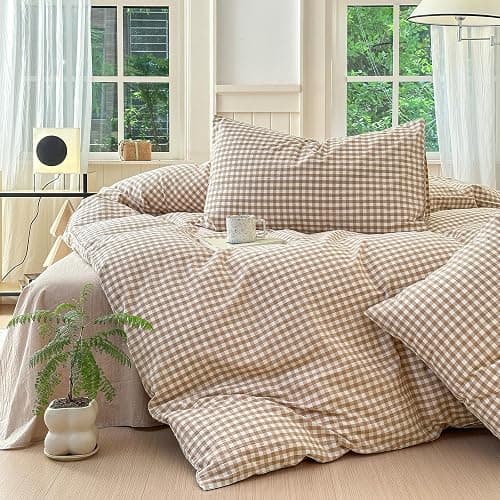 LifeTB Queen Comforter Set Tan Gingham Comforter Modern Style Beige Plaid Comforter Set 3 Pieces Fluffy Grid Checkered Comforter with 2 Pillowcases Boho Gingham Bedding Set Queen Size thumbnail 2