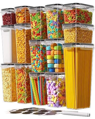 Airtight Food Storage Containers with Lids, 15 PCS Kitchen and Pantry Organization Canisters, BPA-Free, PVC-Free, Food-grade Plastic Leak-proof Jars for Cereal, Flour, Sugar, Extra 24 Labels & Marker - Image 1
