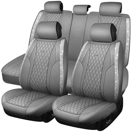 CAR PASS Gray Leather Bling Car Seat Covers Full Set, Luxury Microfiber Nappa PU Cushioned, Waterproof Anti-Slip Universal Fit for Auto SUV Sedan Sparkly Glitter Shining Rhinestone, Gray Diamond - Image 1