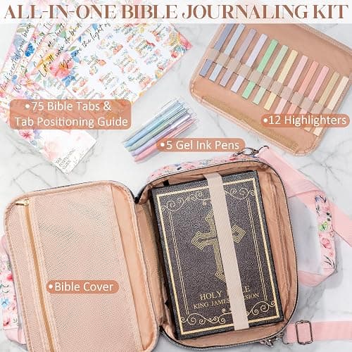 Bible Cover Case for Women, Large Bible Bag w/Shoulder Strap, Bible Study Supplies Journaling Kit Book Carrying Case with Pastel Highlighters 75 Tabs, Valentines Day Christian Gifts for Women Her Mom thumbnail 2