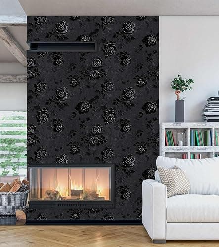 LaiTique Gothic Rose Wallpaper – Black Floral Textured Peel and Stick Wallpaper, Self-Adhesive Vinyl for Home Decor, 17.7in x 236in thumbnail 4