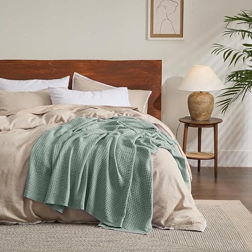 Bedsure Gentlesoft 100% Cotton Blanket Queen Size for Bed - Breathable and Soft, Thick Cozy Waffle Weave Christmas Blanket Gift for Women, Sage Green, 90x90 Inches thumbnail 7