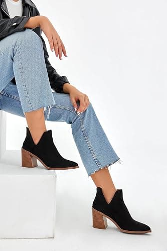 Kathemoi Womens Slip on Ankle Boots V Cutout Pointed Toe Chunky Stacked Mid Heel Booties thumbnail 3
