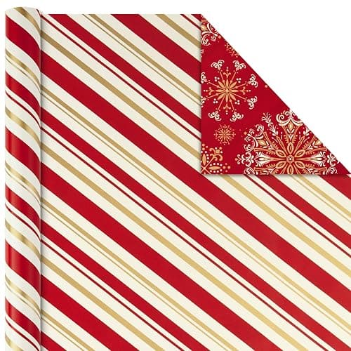 Hallmark Christmas Wrapping Paper Rolls - Traditional Holiday Gift Wrap Paper (Set of 3 Reversible Rolls: 120 sq. ft. Ttl) Red and Gold Snowflakes, Stripes, Plaid, Santa's Sleigh thumbnail 5