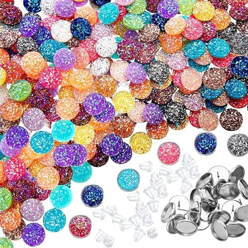 Maitys 200 Pcs 20 Colors Druzy Resin Cabochons Stainless Steel Stud Earring, Faux Druzy Cabochons Round Flat Back Dome for Jewelry Making, DIY Craft(8 mm,Silver Stud Earring) - Image 1