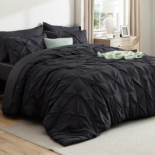 Bedsure Queen Comforter Set Black - Bed in a Bag Queen Size Bedding 7 Pieces, GentleSoft™ Pintuck Bed Set Gift for Family, Pinch Pleat All Season Comforter with Sheets, Pillowcases & Shams - Image 1
