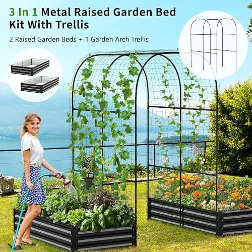 DoCred Galvanized Raised Garden Bed with 87" H Arch Trellis for Climbing Plants, Raised Outdoor Planter Garden Box with Climbing Netting for Gardening, Climbing Vegetables, Flower, Black thumbnail 4