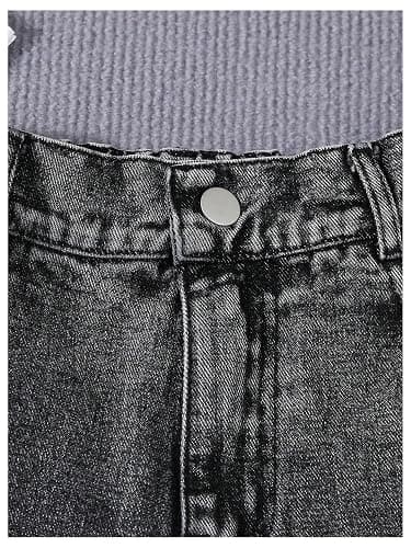 RoseSeek Girl's Ripped Raw Hem Straight Leg Jean Shorts Elastic Waist Zipper Fly Denim Shorts thumbnail 6
