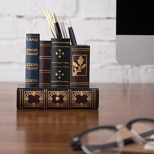 MyGift Decorative Desk Organizer Caddy, Pencil and Pen Holder with Bottom Storage Drawer and Antique Library Books Design thumbnail 6