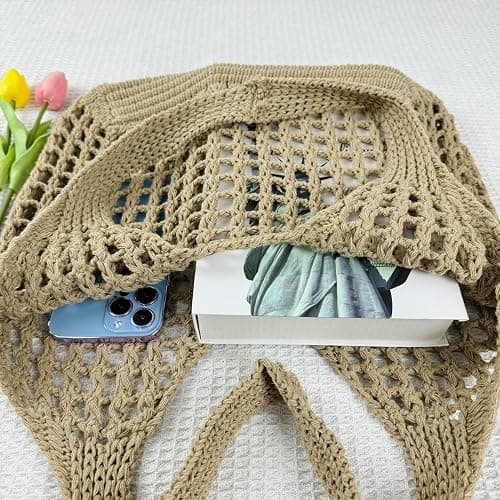 SUOSDEY Crochet Mesh Beach Tote Bag, Knit Summer Vacation Aesthetic Boho Tote Bag for Women thumbnail 5