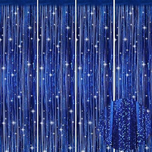 Picoway 4 Pack Foil Fringe Tinsel Backdrop Curtains, Birthday Engagement Bachelorette Party Decorations, Photo Booth Props Door Streamers Curtain (Blue) - Image 1