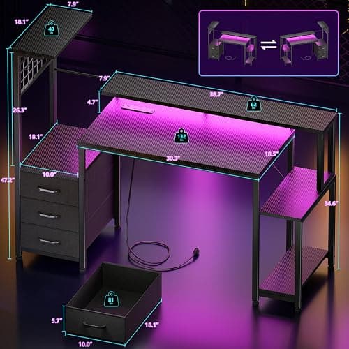 Korfile 48 Inch Gaming Desk with LED Lights & Power Outlets,Computer Desk with Fabric Drawers & Side Hook,Reversible Gamer Table with Monitor Stand for Game Room,Home Office,Carbon Fiber Black thumbnail 3