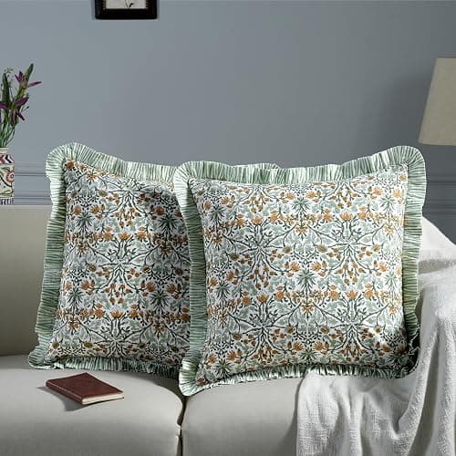 Ridhi Modern Farmhouse Pillow Covers Decorative Cotton Throw Pillow Covers Set of 2 Goldenrod Yellow Cushion Covers with Ruffle for Couch Sofa Bed Living Room Spring Home Decor 18x18 thumbnail 2