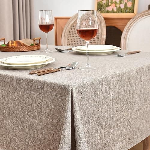 Fitable Nature Faux Linen Tablecloths Rectangle 60 x 84 Inch - 2 Pack Neutral Table Clothes for 4-6 Foot Tables, Wrinkle-Proof Faux Burlap Table Cover for Dining, Farmhouse, Outdoor Picnic, Camping - 60"x84" | 2 Pack - Nature thumbnail 2