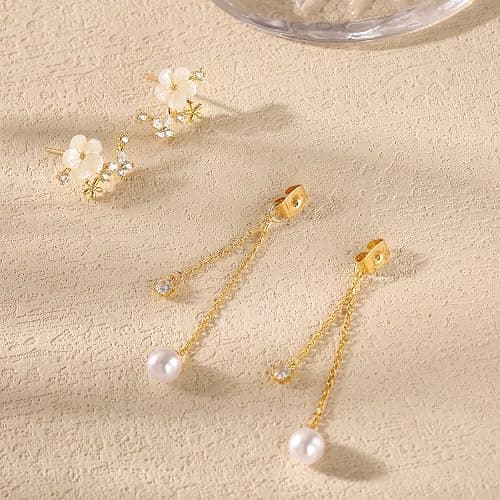Dangle Pearl Drop Earrings Christmas Gifts For Women Trendy Long Threader Chain Dainty Flower Wedding Earrings For Brides CZ Cute 14K Gold Statement Sparkly Jewelry thumbnail 4