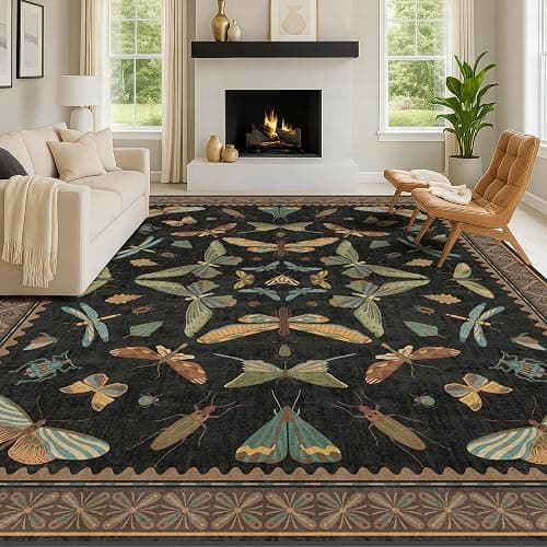Hazo Haus Black Washable Insect Area Rugs 8x10 for Living Room, Bedroom, Dining Room Under Table, Playroom, Large Dark Whimscal Boho Indoor Rug, Ultra Soft Low Pile Non Slip thumbnail 6
