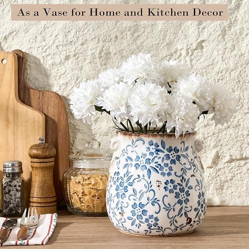 Utensil Holder for Kitchen Counter, Modern Farmhouse Rustic Cooking Utensil Holder and Crock, Exquisite Chinoiserie Floral Ceramic Utensil Organizer for Home Kitchen Decor- Blue and White Porcelain thumbnail 9