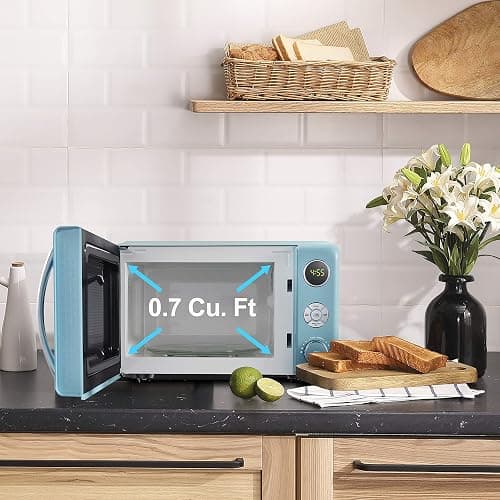 Galanz GLCMKA07BER-07 Retro Microwave Oven, LED Lighting, Pull Handle Design, Child Lock, Bebop Blue, 0.7 cu ft thumbnail 2