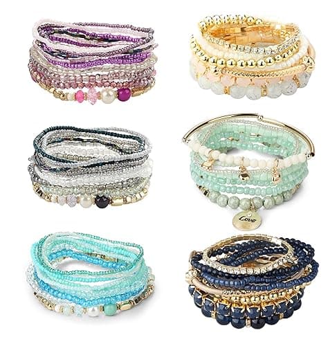 LOYALLOOK 6 Sets Bohemian Stackable Bead Bracelets for Women Stretch Bohemian Style Stretch Multilayered Boho Bracelet Set - Image 1