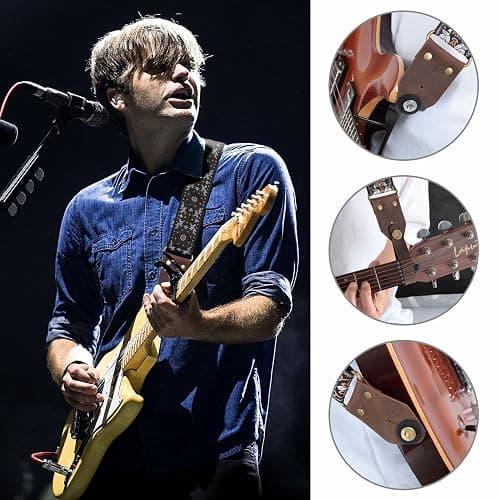 Nefelibata Guitar Strap,Jacquard Embroidery Cotton Guitar Straps with Crazy Horse Leather Ends for Bass, Electric & Acoustic, Best Gifts for Kids, Guitarists(Brown flower embroidery) thumbnail 2