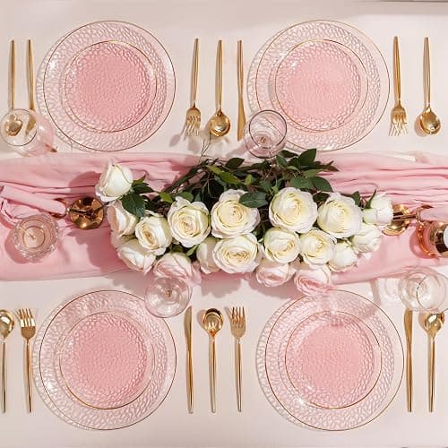 SUT 36Pcs Pink Plastic Plates, Hammered Plates Disposable Heavy Duty, Pink Disposable Plates With Gold Rim, Fancy Plastic plates Include 18 Dinner and 18 Dessert plates for Valentine's Day thumbnail 7