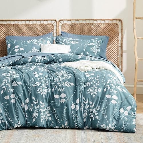 Bedsure Queen Comforter Set - 7 Pieces Floral Mineral Blue Soft Bedding Sets, Queen Bed in a Bag with Botanical Flowers Comforter, Sheets, Pillowcases & Shams