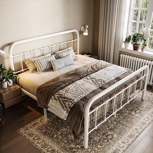 Allewie Queen Size Metal Platform Bed Frame with Victorian Style Wrought Iron-Art Headboard/Footboard, No Box Spring Required, White thumbnail 3