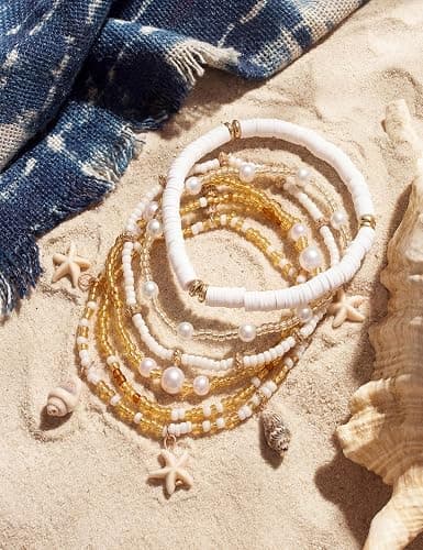 JeryWe 6Pcs Ankle Bracelets for Women - Waterproof Beaded Anklet Bracelet Set, Layered Boho Starfish Seashell Beach Jewelry, Handmade Summer Elastic Anklet thumbnail 5