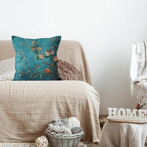 WDSFHYJK Teal Chinoiserie Floral Bird Pillow Covers 18x18, Cottagecore Room Decor, Rustic Farmhouse Flower Bird Decorative Throw Pillow Covers Pillowcases for Living Room Home Bedroom thumbnail 2