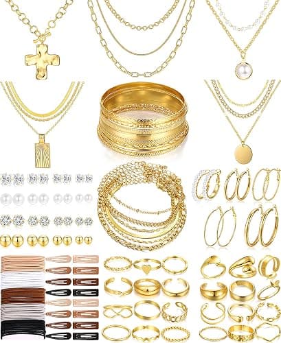 FANDY 137 Pieces Gold Jewelry Set for Women, 12 Necklace, 14 Bracelet, 21 Earrings, 24 Knuckle Rings, 16 hair clips, 50 hair ties  Gold Plated Jewelry set for Women Gift - Image 1