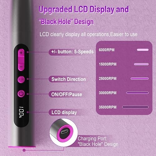 Electric Nail Drill Professional, 35000RPM Cordless Acrylic Nail Kit for Nail Polish Remover, Electric Nail File Buffer Grinder, Nail Filer Electric Professional Manicure and Pedicure kit (Matte Gray) thumbnail 5