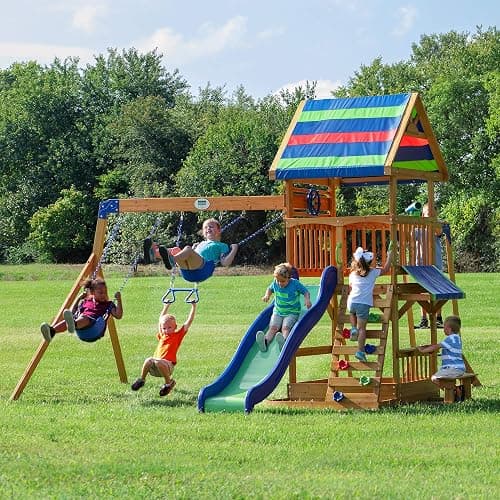 Backyard Discovery Beach Front All Cedar Wooden Swing Set with Monkey Bars, Large Upper Deck with Canopy, Ships Wheel, Play Telescope, Sandbox, Snack Bench, Rock Wall thumbnail 2