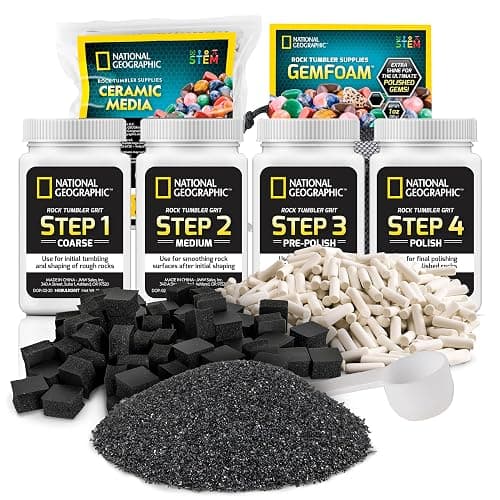 NATIONAL GEOGRAPHIC Rock Tumbler Grit & Media Refill Kit – Rock Polishing Supplies Kit, 4-Stage Silicon Carbide Bulk Grit, 1.5 Pounds of Ceramic Pellets, Stone Tumbling & GemFoam Polishing Media - Image 1