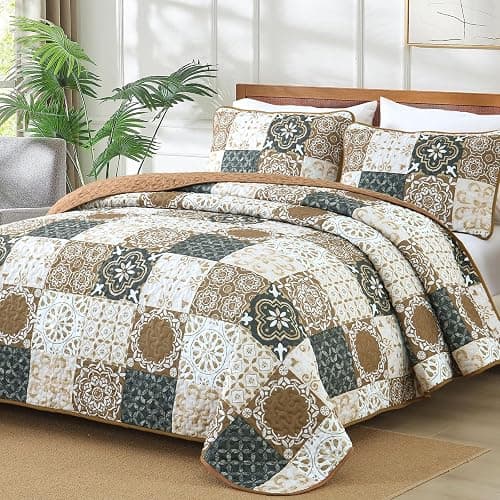 Dobuyly Brown Quilt Set Queen Size, Boho Plaid Patchwork Bedspreads Coverlet Set, 3 Pieces Soft Lightweight Microfiber Fall Quilt Bedding Set for All Seasons 96"x90" thumbnail 2