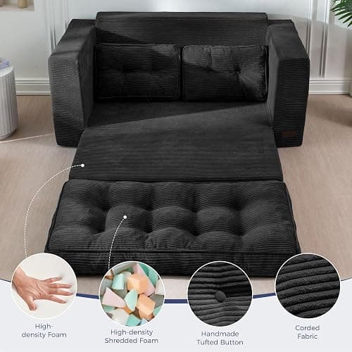 MAXYOYO Folding Sofa Bed, Convertible Sleeper Loveseat with Pillows | 2-Person Fold-Out Loveseat, Convertible Sleeper Bed with Supportive Pillows for Relaxing or Overnight Guests, Black thumbnail 6