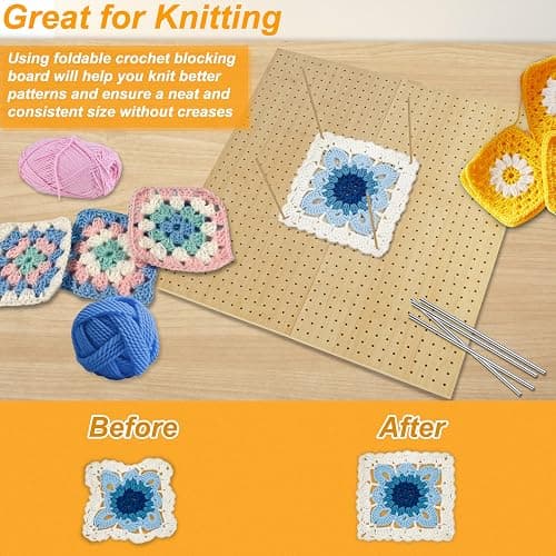 15.5" x 15.5"Foldable Crochet Blocking Board with Pins,Granny Square Blocking Board,Blocking Mats for Knitting with 35 5.9"Stainless Steel Rod Pins,Bamboo Crocheting Accessories Gifts for Crocheters thumbnail 5