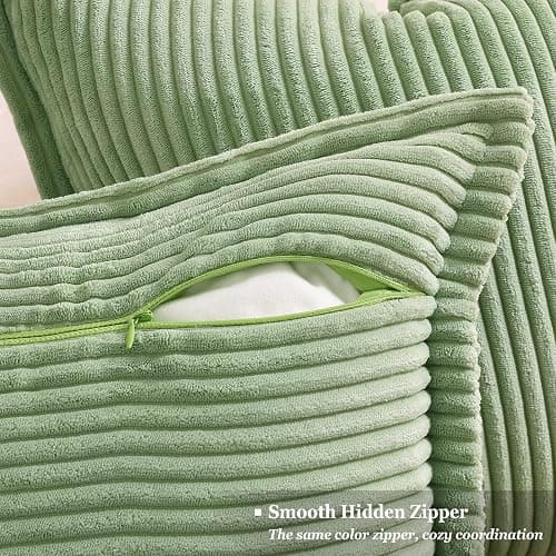 decorUhome Corduroy Sage Green Throw Pillow Covers 18x18 Set of 2 Decorative Soft Boho Farmhouse Euro Couch Pillow Covers for Living Room Bed Sofa Broadside Striped Pillow Cases thumbnail 3