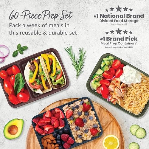 Bentgo Prep 60-Piece Meal Prep Kit - Reusable PFAS & BPA-Free Food Containers, 1-Compartment, 2-Compartment, & 3-Compartments - Microwave, Freezer, & Dishwasher Safe (Rich Shades) thumbnail 3