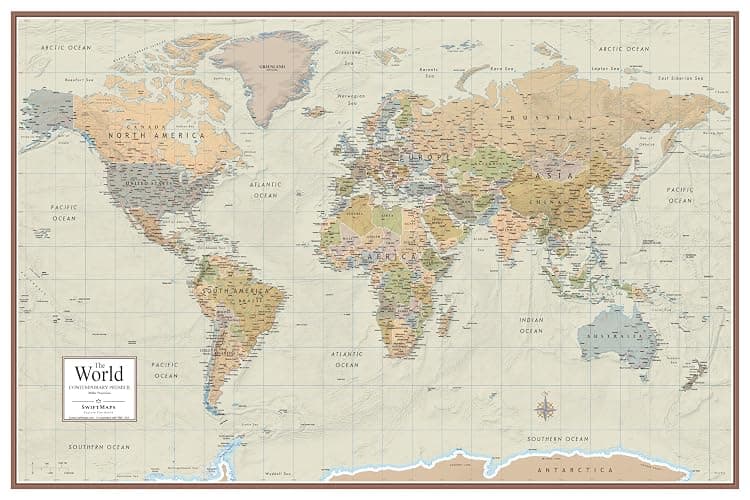 Swiftmaps World Contemporary Premier Wall Map Poster Mural 24h x 36w - LAMINATED - Image 1