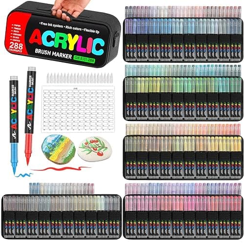 288 Colors Acrylic Paint Markers, Acrylic Paint Pens with Direct-Liquid Ink Control System.1-5mm Soft Brush Tip Paint Pens & Paint Markers for Rock, Wood, Canvas, Glass,Plastic, Paper (288 colors bag) - Image 1