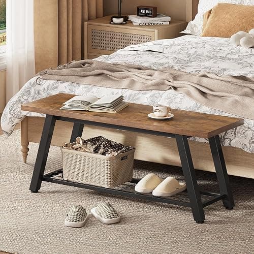 Oastreeful Storage Bench Industrial Rustic Wooden and Metal Entryway Shoe Boots Storage Rack Long Bench Seat for Hallway Bedroom Retro Brown Farmhouse Style thumbnail 6