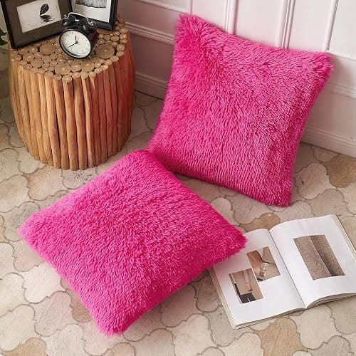 ANRODUO Pack of 2 Hot Pink Throw Pillow Covers Luxury Fluffy Pillows Faux Fur Decorative Pillows Plush Cushion Case Fuzzy Mongolian Merin Style for Bed Couch Sofa Living Room Fall Decor 18x18 Inch thumbnail 2