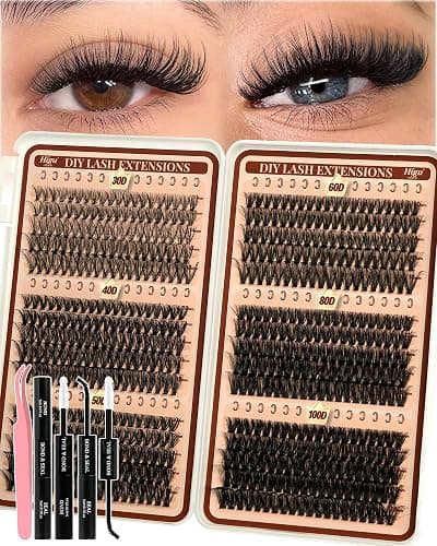 Higu clace Lash Clusters Kit 580pcs 30D+40D+50D+60D+80D+100D Lash Clusters 6 Styles Mixed 10-18MM With Bond And Tweezer, Wispy Cluster Eyelash Extensions, Easy to Use, Can DIY at Home - Image 1